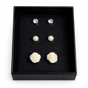 3-Pair Pearl & Crystal Stud Earrings Set | Rose Flower | Classic Elegant